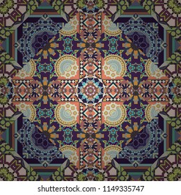 Orient popular style. Vector illustration. Textured seamless pattern. Sloping seamless colorful ornament for design and backgrounds. Abstract blurred paisley blue, beige and gray ornament.