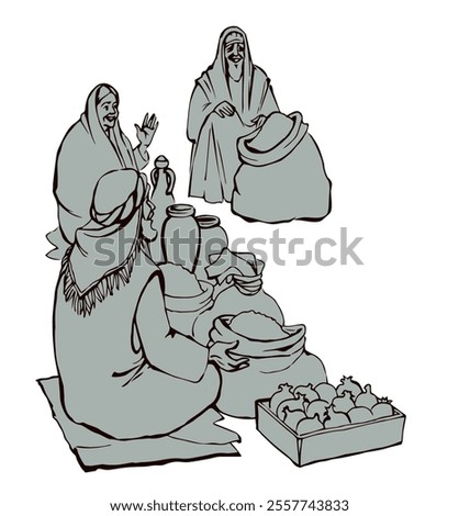 Orient retro Egypt Souq fest craft jew girl work sit retail store shop scene. Line hand drawn Jewish Iran city Palestine town male human job worker souk dish crop sketch vector bible graphic art style