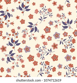 Orient seamless floral pattern. Small indian flowers, free order. Decorative flower print for wallpaper, dress, clothes, surface. Trendy colors.