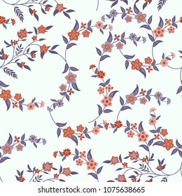 Orient seamless floral pattern. Small indian flowers, free order. Decorative flower print for wallpaper, dress, clothes, surface. Trendy colors.