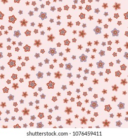 Orient seamless floral pattern. Small indian flowers, free order. Decorative flower print for wallpaper, dress, clothes, surface. Trendy colors.