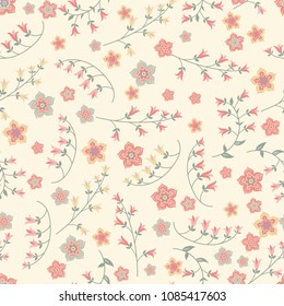 Orient seamless floral pattern. Small indian flowers, free order. Decorative flower print for wallpaper, dress, clothes, surface. Trendy colors. Shabby chic