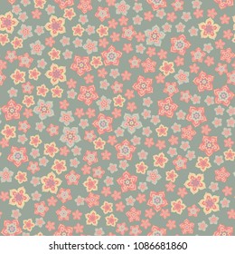 Orient seamless floral pattern. Small indian flowers, free order. Decorative flower print for wallpaper, dress, clothes, surface. Trendy colors. Shabby chic