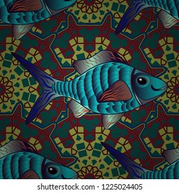 Orient seamless pattern. Colorful Pattern for Wallpaper, Textile, Linen, Curtains. Raster Bright Zentangle. Vintage Abstract Ornament with Tiles and Rhombus in black, white and gray Colors.