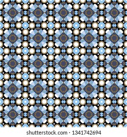 Orient seamless pattern. Colorful Pattern for Wallpaper, Textile, Linen, Curtains. Vector Bright Zentangle. Vintage Abstract Ornament with Tiles and Rhombus in blue, black and white Colors.