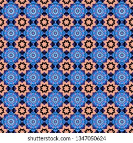 Orient seamless pattern. Colorful Pattern for Wallpaper, Textile, Linen, Curtains. Vintage Abstract Ornament with Tiles and Rhombus in blue, black and beige Colors. Vector Bright Zentangle.