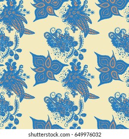 Orient Seamless Pattern. Floral Bright Zentangle. Colorful Pattern for Wallpaper, Textile, Linen, Curtains. Vintage Indian Ornament with Flowers, Leaves, Buds and Branches.