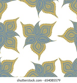 Orient Seamless Pattern. Floral Bright Zentangle. Colorful Pattern for Wallpaper, Textile, Linen, Curtains. Vintage Indian Ornament with Flowers, Leaves, Buds and Branches.