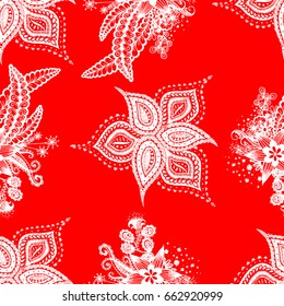 Orient Seamless Pattern. Floral Bright Zentangle. Colorful Pattern for Wallpaper, Textile, Linen, Curtains. Vintage Indian Ornament with Flowers, Leaves, Buds and Branches.