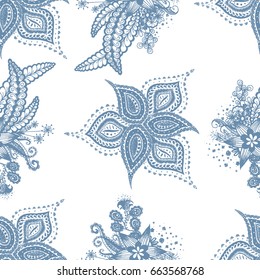 Orient Seamless Pattern. Floral Bright Zentangle. Colorful Pattern for Wallpaper, Textile, Linen, Curtains. Vintage Indian Ornament with Flowers, Leaves, Buds and Branches.