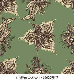 Orient Seamless Pattern. Floral Bright Zentangle. Colorful Pattern for Wallpaper, Textile, Linen, Curtains. Vintage Indian Ornament with Flowers, Leaves, Buds and Branches.