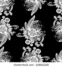 Orient Seamless Pattern. Floral Zentangle with White Motives on Black Background. Dark Pattern for Wallpaper, Textile, Linen, Curtains. Vintage Indian Ornament with Flowers, Leaves, Buds and Branches.