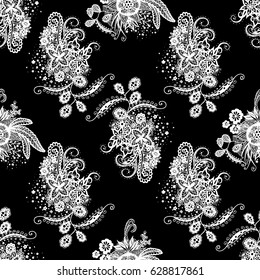 Orient Seamless Pattern. Floral Zentangle with White Motives on Black Background. Dark Pattern for Wallpaper, Textile, Linen, Curtains. Vintage Indian Ornament with Flowers, Leaves, Buds and Branches.