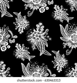 Orient Seamless Pattern. Floral Zentangle with White Motives on Black Background. Dark Pattern for Wallpaper, Textile, Linen, Curtains. Vintage Indian Ornament with Flowers, Leaves, Buds and Branches.