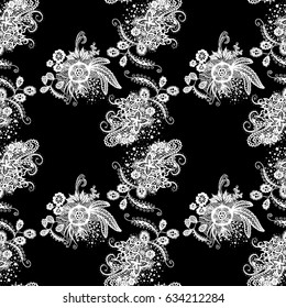 Orient Seamless Pattern. Floral Zentangle with White Motives on Black Background. Dark Pattern for Wallpaper, Textile, Linen, Curtains. Vintage Indian Ornament with Flowers, Leaves, Buds and Branches.