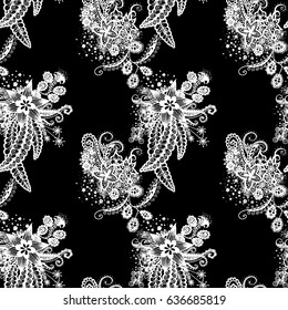 Orient Seamless Pattern. Floral Zentangle with White Motives on Black Background. Dark Pattern for Wallpaper, Textile, Linen, Curtains. Vintage Indian Ornament with Flowers, Leaves, Buds and Branches.