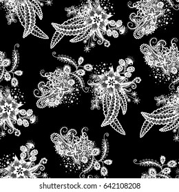 Orient Seamless Pattern. Floral Zentangle with White Motives on Black Background. Dark Pattern for Wallpaper, Textile, Linen, Curtains. Vintage Indian Ornament with Flowers, Leaves, Buds and Branches.