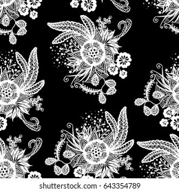 Orient Seamless Pattern. Floral Zentangle with White Motives on Black Background. Dark Pattern for Wallpaper, Textile, Linen, Curtains. Vintage Indian Ornament with Flowers, Leaves, Buds and Branches.