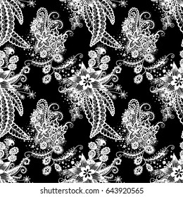 Orient Seamless Pattern. Floral Zentangle with White Motives on Black Background. Dark Pattern for Wallpaper, Textile, Linen, Curtains. Vintage Indian Ornament with Flowers, Leaves, Buds and Branches.