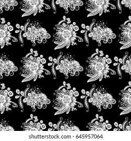 Orient Seamless Pattern. Floral Zentangle with White Motives on Black Background. Dark Pattern for Wallpaper, Textile, Linen, Curtains. Vintage Indian Ornament with Flowers, Leaves, Buds and Branches.