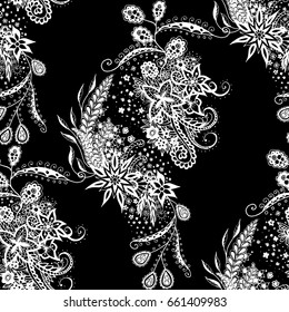 Orient Seamless Pattern. Floral Zentangle with White Motives on Black Background. Dark Pattern for Wallpaper, Textile, Linen, Curtains. Vintage Indian Ornament with Flowers, Leaves, Buds and Branches.