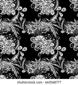 Orient Seamless Pattern. Floral Zentangle with White Motives on Black Background. Dark Pattern for Wallpaper, Textile, Linen, Curtains. Vintage Indian Ornament with Flowers, Leaves, Buds and Branches.