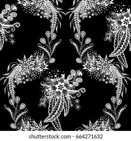 Orient Seamless Pattern. Floral Zentangle with White Motives on Black Background. Dark Pattern for Wallpaper, Textile, Linen, Curtains. Vintage Indian Ornament with Flowers, Leaves, Buds and Branches.