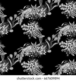 Orient Seamless Pattern. Floral Zentangle with White Motives on Black Background. Dark Pattern for Wallpaper, Textile, Linen, Curtains. Vintage Indian Ornament with Flowers, Leaves, Buds and Branches.