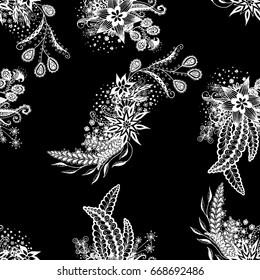 Orient Seamless Pattern. Floral Zentangle with White Motives on Black Background. Dark Pattern for Wallpaper, Textile, Linen, Curtains. Vintage Indian Ornament with Flowers, Leaves, Buds and Branches.