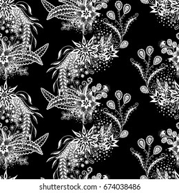 Orient Seamless Pattern. Floral Zentangle with White Motives on Black Background. Dark Pattern for Wallpaper, Textile, Linen, Curtains. Vintage Indian Ornament with Flowers, Leaves, Buds and Branches.
