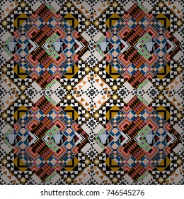 Orient seamless pattern. Vintage Abstract Ornament with Tiles and Rhombus in black, white and orange Colors. Vector Bright Zentangle. Colorful Pattern for Wallpaper, Textile, Linen, Curtains.