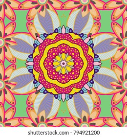 Orient, symmetry lace, fabric, wallpaper. Vintage decorative ornament on yellow, magenta, orange colors. Colored mandala pattern, Arabic background. Vector East, Islam, Indian, motif, revival swirling