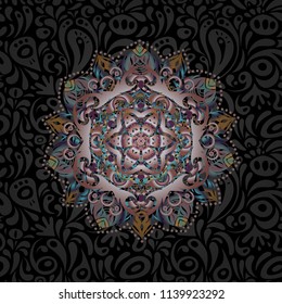 Orient textile print for bed linen, jacket, package design, printing, fabric or fashion concepts. Vector blue, pink and brown grid seamless pattern with abstract elements.