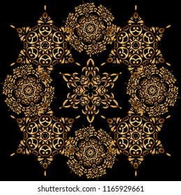 Orient textile print for bed linen, jacket, package design, fabric and fashion concepts. Vector golden grid seamless pattern with abstract flowers and stars on a black background.