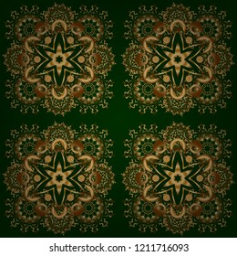 Orient textile print for bed linen, jacket, package design, fabric and fashion concepts. Vector golden grid pattern with abstract flowers and stars on a green background.