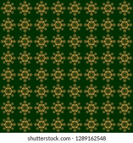 Orient textile print for bed linen, jacket, package design, fabric and fashion concepts. Vector golden grid pattern with abstract flowers and stars on a green background.