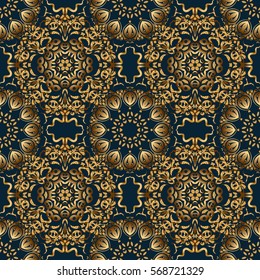 Orient textile print for bed linen, jacket, package design, fabric and fashion concepts. Vector golden grid seamless pattern with abstract flowers and stars on a blue background.