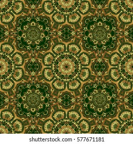 Orient textile print for bed linen, jacket, package design, fabric and fashion concepts. Vector golden grid seamless pattern with abstract flowers and stars on a green background.