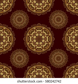 Orient textile print for bed linen, jacket, package design, fabric and fashion concepts. Vector golden grid seamless pattern with abstract flowers and stars on a brown background.