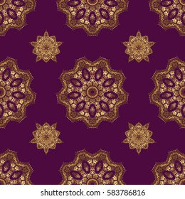 Orient textile print for bed linen, jacket, package design, fabric and fashion concepts. Vector golden grid seamless pattern with abstract flowers and stars on a purple background.
