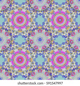 Orient textile print for bed linen, jacket, package design, fabric and fashion concepts. Vector multicolored grid seamless pattern with abstract flowers and stars on a blue background.