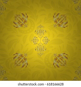 Orient textile print for bed linen, jacket, package design, fabric and fashion concepts. Vector golden grid seamless pattern with abstract flowers and stars on a yellow background.