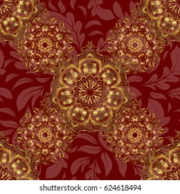 Orient textile print for bed linen, jacket, package design, fabric and fashion concepts. Vector golden grid seamless pattern with abstract flowers and stars on a red background.