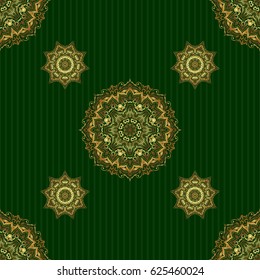 Orient textile print for bed linen, jacket, package design, fabric and fashion concepts. Vector golden grid seamless pattern with abstract flowers and stars on a green background.