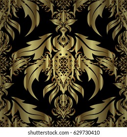 Orient textile print for bed linen, jacket, package design, fabric and fashion concepts. Vector golden grid seamless pattern with abstract flowers and stars on a black background.