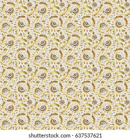 Orient textile print for bed linen, jacket, package design, fabric and fashion concepts. Vector golden grid seamless pattern with abstract flowers and stars on a gray background.