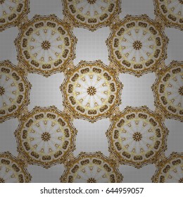 Orient textile print for bed linen, jacket, package design, fabric and fashion concepts. Vector golden grid seamless pattern with abstract flowers and stars on a gray background.
