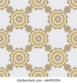 Orient textile print for bed linen, jacket, package design, fabric and fashion concepts. Vector golden grid seamless pattern with abstract flowers and stars on a gray background.