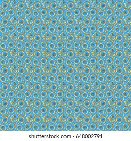 Orient textile print for bed linen, jacket, package design, fabric and fashion concepts. Vector golden grid seamless pattern with abstract flowers and stars on a blue background.