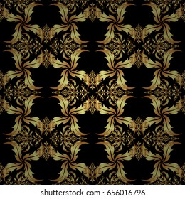 Orient textile print for bed linen, jacket, package design, fabric and fashion concepts. Vector golden grid seamless pattern with abstract flowers and stars on a black background.